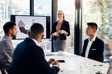 Presentation, meeting and workshop with a business woman talking to her team in the office...