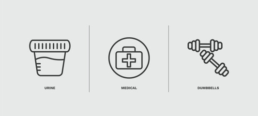 set of health and medical thin line icons. health and medical outline icons included urine, medical, dumbbells vector.