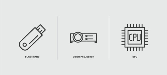 set of hardware and equipment thin line icons. hardware and equipment outline icons included flash card, video projector, gpu vector.