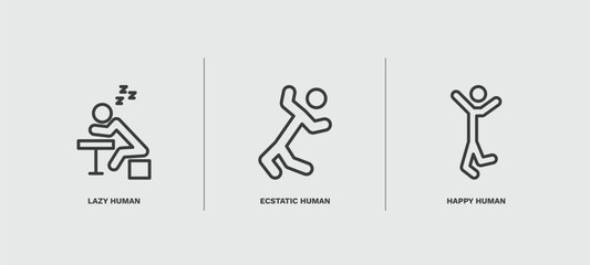 set of feeling and reaction thin line icons. feeling and reaction outline icons included lazy human, ecstatic human, happy human vector.