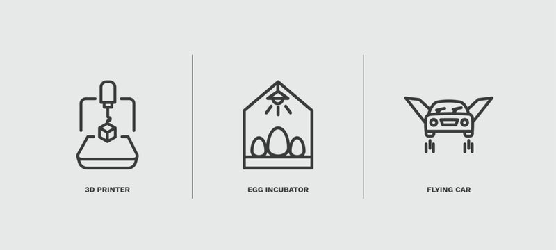 set of automation and high thin line icons. automation and high outline icons included 3d printer, egg incubator, flying car vector.