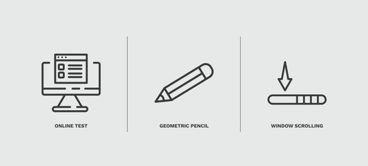 set of education and science thin line icons. education and science outline icons included online test, geometric pencil, window scrolling left vector. - obrazy, fototapety, plakaty