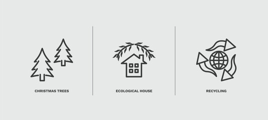 set of ecology thin line icons. ecology outline icons included christmas trees, ecological house, recycling vector.