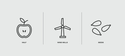 set of ecology thin line icons. ecology outline icons included half, wind mills, seeds vector.