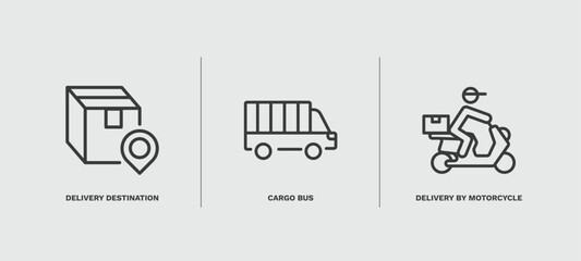 set of delivery and logistics thin line icons. delivery and logistics outline icons included delivery destination, cargo bus, by motorcycle vector.