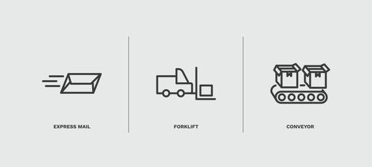 set of delivery and logistics thin line icons. delivery and logistics outline icons included express mail, forklift, conveyor vector.