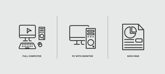 set of computer and tech thin line icons. computer and tech outline icons included full computer, pc with monitor, data page vector.