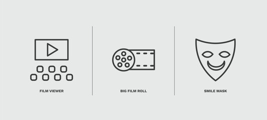 set of cinema and theater thin line icons. cinema and theater outline icons included film viewer, big film roll, smile mask vector.