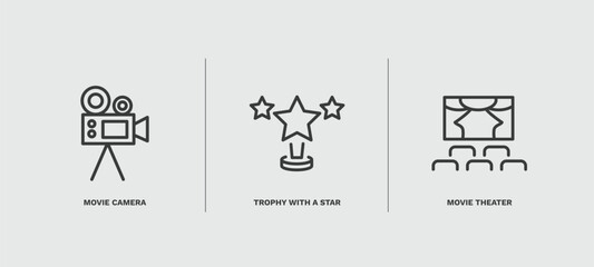 set of cinema and theater thin line icons. cinema and theater outline icons included movie camera, trophy with a star, movie theater vector.