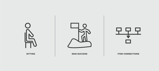 set of business and finance thin line icons. business and finance outline icons included sitting, man success, item connections vector.