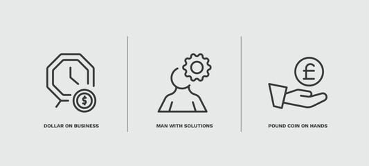 set of business and finance thin line icons. business and finance outline icons included dollar on business time, man with solutions, pound coin on hands vector.