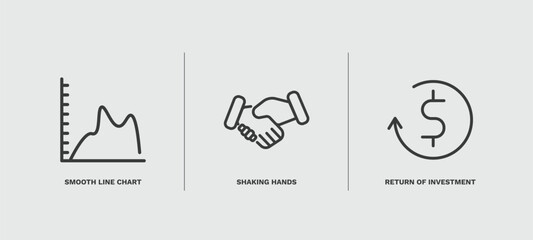 set of business and finance thin line icons. business and finance outline icons included smooth line chart, shaking hands, return of investment vector.