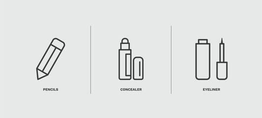 set of beauty and elegance thin line icons. beauty and elegance outline icons included pencils, concealer, eyeliner vector.
