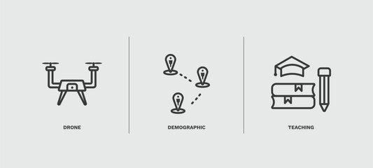 set of artificial intellegence thin line icons. artificial intellegence outline icons included drone, demographic, teaching vector.