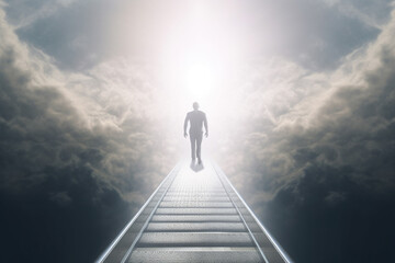 Fototapeta na wymiar Stairs to heaven and human soul going to heaven visualization. Stairs going up to the cloudy sky. Bright light visible in clouds representing heaven. Generative AI