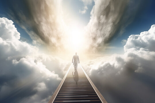 Stairs to heaven and human soul going to heaven visualization. Stairs going up to the cloudy sky. Bright light visible in clouds representing heaven. Generative AI