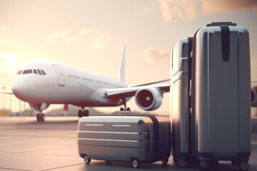 Travel, leisure and vacation concept. Airplane and luggage in airport. Sunlight. Generative AI