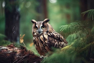 Badkamer foto achterwand Close-up of an owl sitting in a forest, Generative AI © Aleksandr Bryliaev