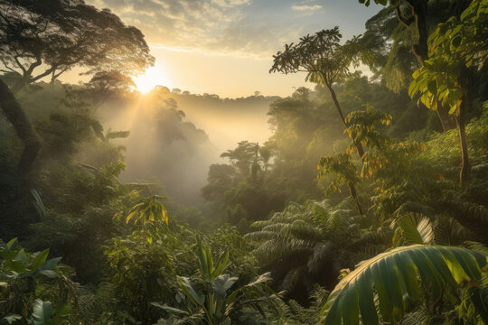 Beautiful sunrise in jungles with sunlight shining above the forest, Generative AI