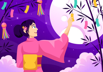 Tanabata Festival Vector Illustration with People Wearing Kimono and Peonies Flowers in National Holiday Flat Cartoon Hand Drawn Templates
