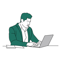 A businessman is working on a laptop. Vector line art illustration.