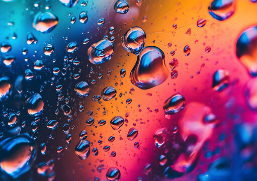 Water drops on colorful glass surface, Close-up of the movement of oil droplets on the water surface