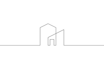 One continuous line. Minimalist home design. Geometric building logo. Modern city house. One continuous line drawn isolated, white background. - obrazy, fototapety, plakaty