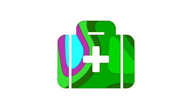 Multi-colored icon medkit with colored spots floating inside. Looped from frame 120 to 839, Alpha BW at the end