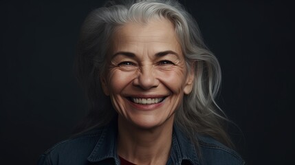 Portrait of a beautiful senior woman smiling at the camera on a gray background.Generative Ai