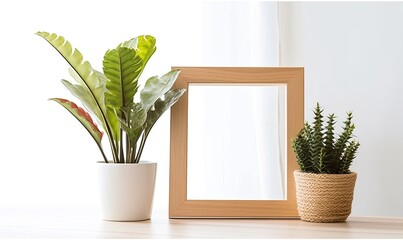 Frame your memories: empty wooden photo frame on white table with plant Creating using generative AI tools