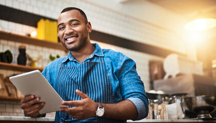 Happy, tablet and portrait of man in cafe for online, digital and african startup. Network, technology and food industry with small business owner in restaurant for barista, waiter and coffee shop