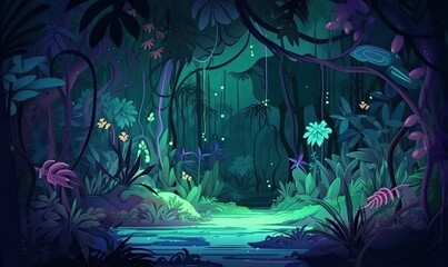 Enchanted tropical forest at night Creating using generative AI tools