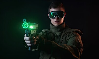 The soldier's laser gun was charged and ready to fire Creating using generative AI tools