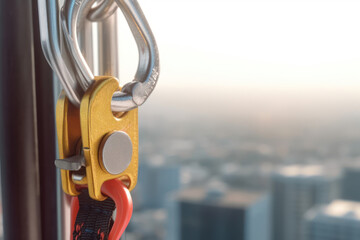 Naklejka premium Construction safety equipment for work at height, safety harness and seat belt closeup. Generative AI