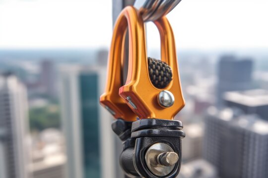 Construction safety equipment for work at height, safety harness and seat belt closeup. Generative AI