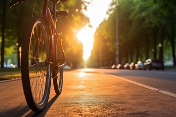 Fototapeta na wymiar Bike at the summer sunset on the tiled road in the city park. Cycle closeup wheel on blurred summer background. Cycling down the street to work at summer sunset. Bicycle and ecology lifestyle - Genera
