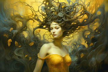 Illustration of a golden young woman in a surreal, fantasy. Radiance, light, green, wind. Portrait full of life and energy.