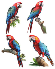 Fototapeta premium Realistic illustration of colorful parrots sitting on a branch on a transparent background, Generative AI