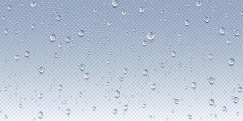Water drops. Rain splash on transparent background, glass with wet fresh droplets, pure dew or raindrop on white window, shower drip and steam. Liquid condensation. Vector realistic background