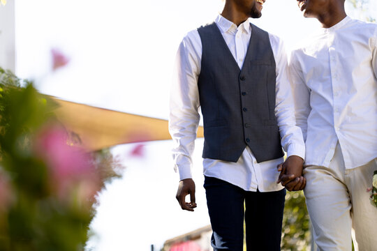 Midsection of newlywed african american gay couple holding hands and walking in garden at ceremony