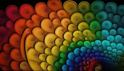 a rainbow peacock with colorful petal shapes on black background, in the style of piles/stacks, highly textured, 3d, spirals, wallpaper Generative AI