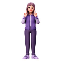 Fototapeta premium Woman Character with Purple Clothes Pointing at Top Side using Both Hand , 3D Render Illustration