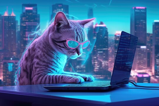 Cat wearing sunglasses and sitting in front of a laptop with a cityscape in the background, looking at the screen Generative AI