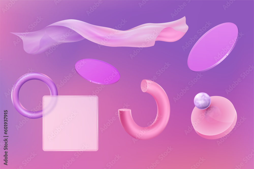 Poster 3D glass shapes. Abstract geometric elements. Squares and circles. Crystal ball objects. Round disc or sphere float. Flying cloth. Glossy gradient figures set. Vector realistic design