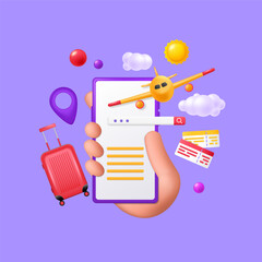 3d travel icons. Vacation plane, phone, airplane and flight card, suitcase in hand, ticket to trip. Hand hold smartphone, booking application. Cute render elements. Vector cartoon concept