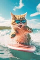 Cat riding a surfboard in the ocean with the sun shining in the background Generative AI