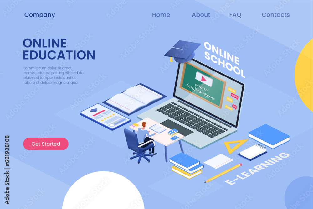 Aufkleber Online education landing. Studying in school and university. 3D computer concept. Students note book for web library or business course. E-learning by video. Vector website template