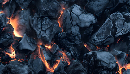 Fiery Charcoal Texture, Burning Coals for Barbecue with Flames