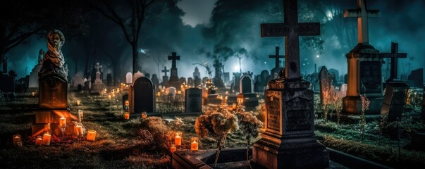 A cemetery at night with tombstones and glowing candles. The sky is dark and cloudy and there are no people Generative AI