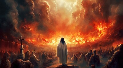 The explosion is caused by a massive, fiery inferno that engulfs the sky, with flames and smoke billowing upwards Generative AI